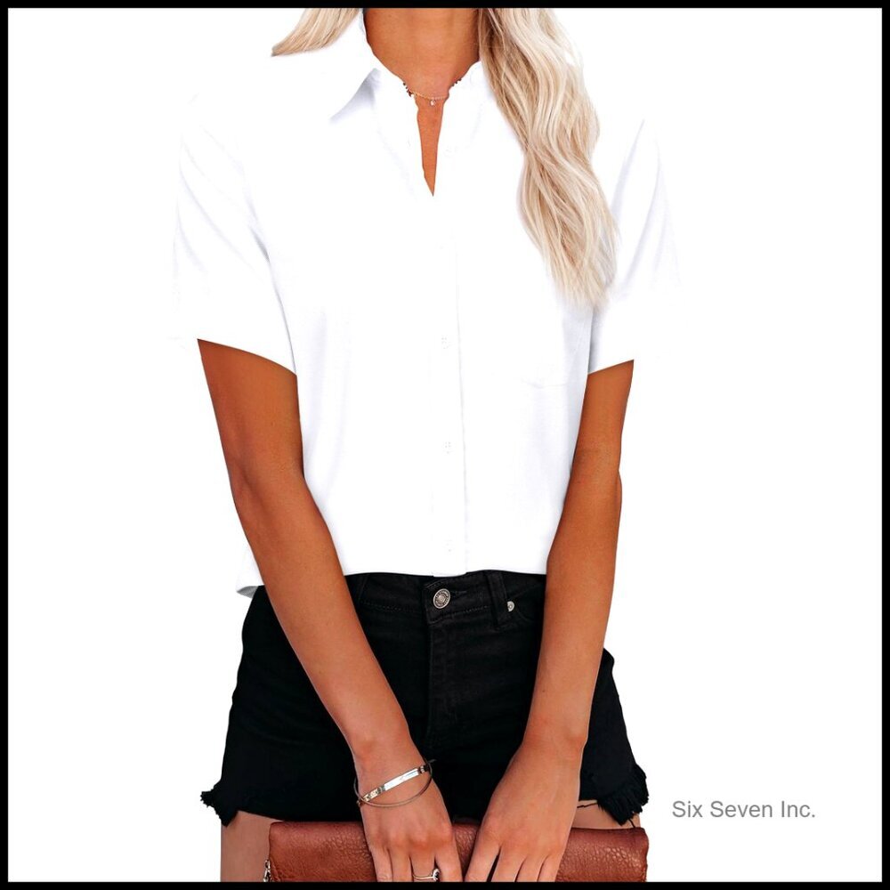 Short Sleeve Oxford Button Down Shirt with V Neck and Pocket